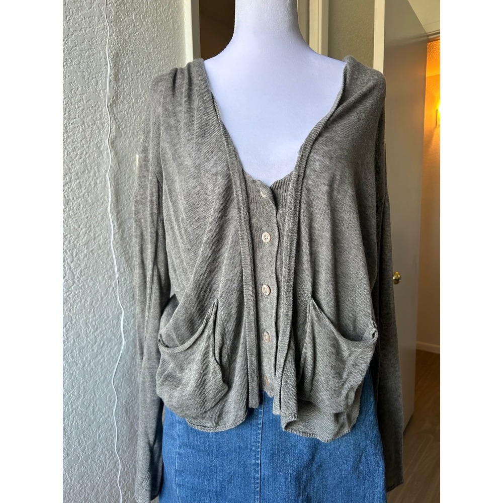 INHABIT Gray Linen Blend Slouchy Cardigan Sweater Pockets‎ M Academia Boxy Clean